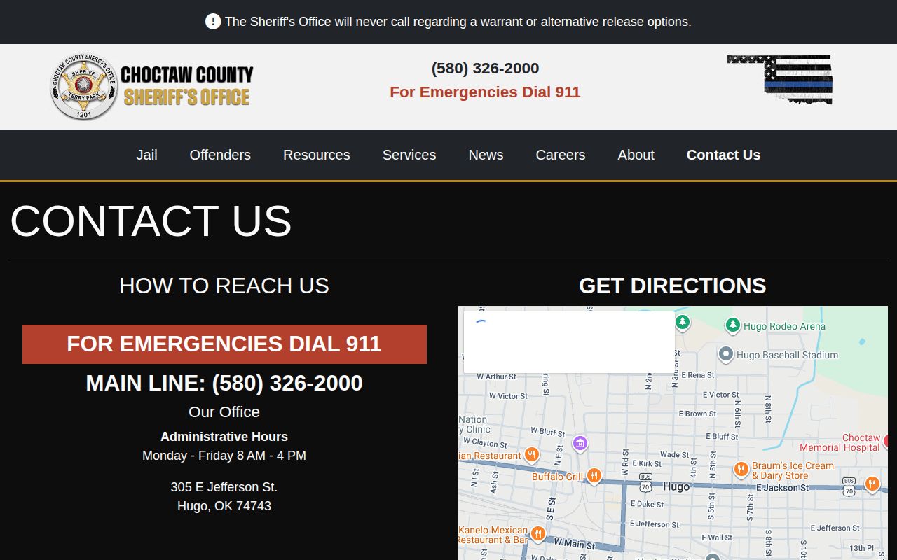 Choctaw County Sheriff contact for Hugo Police transfer and release records